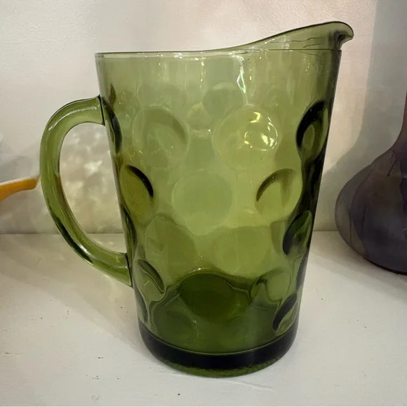 Vintage Hazel-Atlas Eldorado Avocado Green Glass Circle Pattern Pitcher Jug - Picture 3 of 10